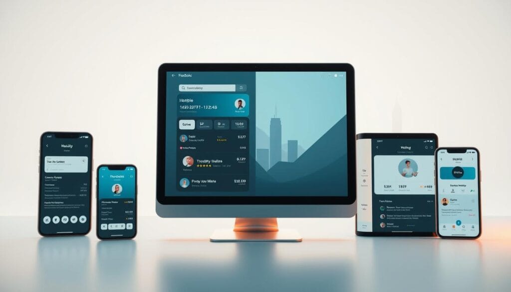 A modern, minimalist digital banking platform interface showcasing top neobank brands and features. Set against a clean, light-filled background with a soft, warm lighting. The foreground displays sleek mobile devices and tablet screens displaying neobank app home screens, transaction histories, and user profiles. The middle ground features abstract geometric shapes and subtle brand logos, hinting at the innovative technology powering these digital-first banking solutions. The background subtly suggests a cityscape or financial district, conveying a sense of progress and the future of banking. The overall mood is professional, forward-thinking, and visually elegant.