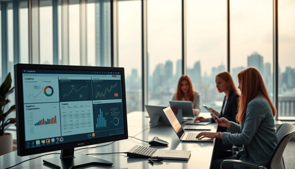 A modern, minimalist financial office with floor-to-ceiling windows. In the foreground, a computer screen displays compliance dashboards and analytics tools. In the middle ground, a team of professionals collaborates on Regtech solutions, using tablets and laptops. The background features a city skyline, symbolizing the global reach of financial regulations. Soft, directional lighting casts a warm, professional glow, accentuating the sleek, contemporary design. The overall atmosphere conveys efficiency, innovation, and a commitment to regulatory compliance.