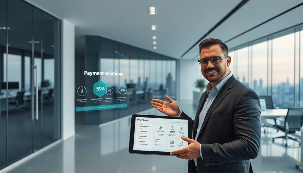 A modern, minimalist financial office with sleek, glass-walled workspaces. Soft, indirect lighting creates a calming ambiance, complemented by muted color tones of gray, blue, and white. In the foreground, a professional-looking man gestures toward a tablet display, presenting various payment solution options. The middle ground features a stylized infographic illustrating the seamless integration of direct payment services. The background showcases a panoramic city skyline, symbolizing the reach and accessibility of the financial solutions. The overall scene conveys a sense of efficiency, innovation, and a personalized approach to managing personal finances. A modern, minimalist financial office with sleek, glass-walled workspaces. Soft, indirect lighting creates a calming ambiance, complemented by muted color tones of gray, blue, and white. In the foreground, a professional-looking man gestures toward a tablet display, presenting various payment solution options. The middle ground features a stylized infographic illustrating the seamless integration of direct payment services. The background showcases a panoramic city skyline, symbolizing the reach and accessibility of the financial solutions. The overall scene conveys a sense of efficiency, innovation, and a personalized approach to managing personal finances.