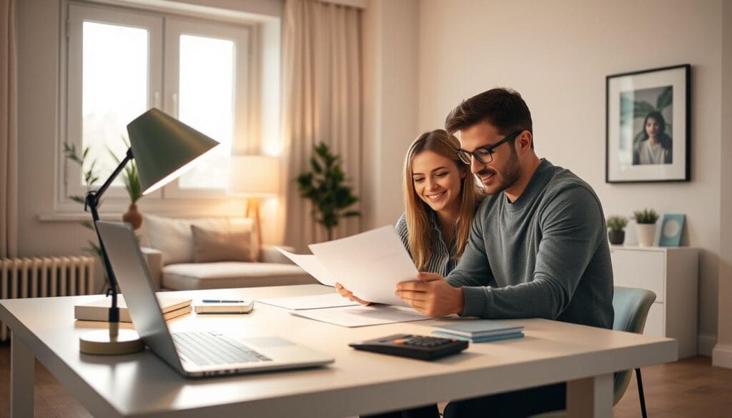 A modern, minimalist home interior with a cozy, welcoming atmosphere. In the foreground, a young couple sits at a desk, reviewing documents and discussing a mortgage application. Soft, warm lighting from a desk lamp and large windows illuminates the scene. In the middle ground, a laptop, calculator, and other loan-related items are neatly arranged on the desk. The background features neutral-toned walls, a potted plant, and a framed artwork, creating a polished, professional setting. The overall mood is one of focus, collaboration, and the excitement of taking the first steps towards home ownership.