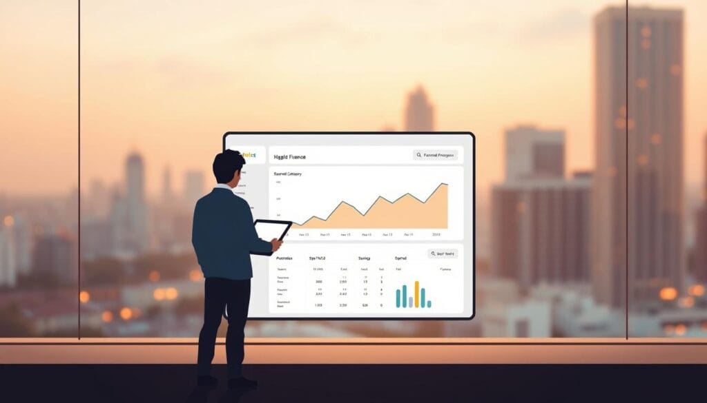 A modern, minimalist illustration of a "financial habits assessment" with a clean, professional aesthetic. In the foreground, a stylized human figure stands before a minimalist dashboard interface, reviewing personal finance data on a tablet device. The middle ground features a simple, color-coded graph representing budgeting categories and spending patterns. In the background, a softly blurred cityscape conveys a sense of urban prosperity. Warm, indirect lighting creates a calm, focused mood, hinting at the thoughtful, analytical process of evaluating one's financial habits. The composition is balanced, with a neutral color palette and geometric shapes to suggest an organized, systematic approach to personal finance management. A modern, minimalist illustration of a "financial habits assessment" with a clean, professional aesthetic. In the foreground, a stylized human figure stands before a minimalist dashboard interface, reviewing personal finance data on a tablet device. The middle ground features a simple, color-coded graph representing budgeting categories and spending patterns. In the background, a softly blurred cityscape conveys a sense of urban prosperity. Warm, indirect lighting creates a calm, focused mood, hinting at the thoughtful, analytical process of evaluating one's financial habits. The composition is balanced, with a neutral color palette and geometric shapes to suggest an organized, systematic approach to personal finance management.