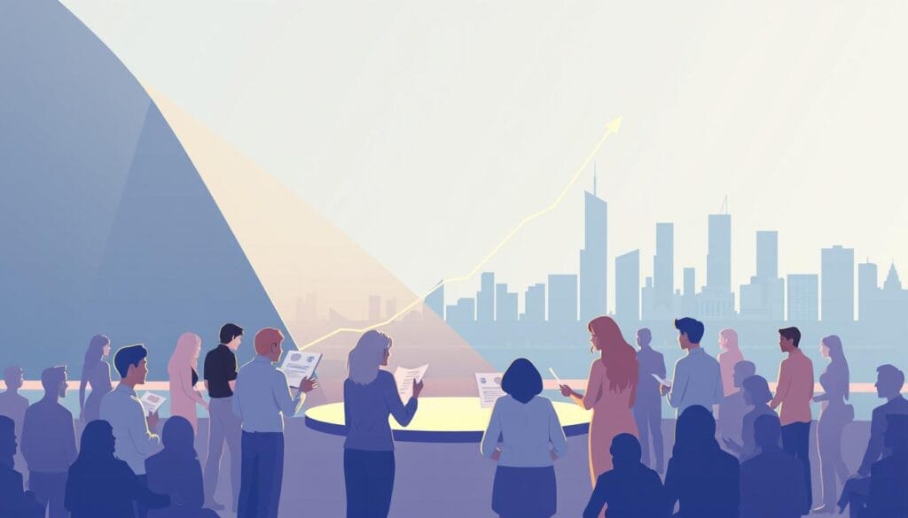 A modern, minimalist illustration of the crowdfunding process. In the foreground, a group of people gathered around a central platform, carefully reviewing project ideas and pledging funds. The middle ground features a stylized graph depicting the growth of the campaign, with a smooth, upward trajectory. In the background, a city skyline sets the scene, hinting at the global reach and scale of the crowdfunding ecosystem. The overall mood is one of collaboration, optimism, and the transformative power of collective financial support. Soft, directional lighting casts a warm glow, creating a sense of energy and momentum. The composition is balanced, with clean lines and a cohesive, contemporary aesthetic.