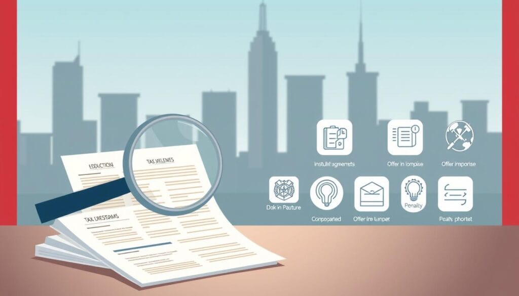 A modern, minimalist illustration showcasing various IRS tax relief options. In the foreground, a stylized magnifying glass hovers over several legal documents and tax forms, highlighting key deductions and credits. The midground features clean, geometric icons representing different relief programs, such as installment agreements, offer in compromise, and penalty abatement. In the background, a sleek, gradient-filled skyline sets an authoritative, professional tone. Muted colors, soft lighting, and a shallow depth of field create a sense of clarity and focus, guiding the viewer's attention to the core tax relief concepts. The overall mood is one of helpful guidance and responsible financial management.