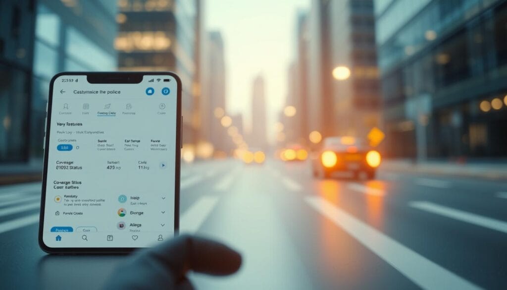 A modern, minimalist mobile app interface showcasing key insurance-related features. In the foreground, a clean dashboard displaying customizable policies, coverage details, and claim status. The middle ground features intuitive navigation tabs for accessing various services, from submitting a claim to managing payment options. The background depicts a serene, blurred cityscape, conveying a sense of security and convenience. The lighting is soft and diffused, creating a sleek, high-tech aesthetic. Captured from an eye-level angle, the composition emphasizes the user-centric design and accessibility of the app.