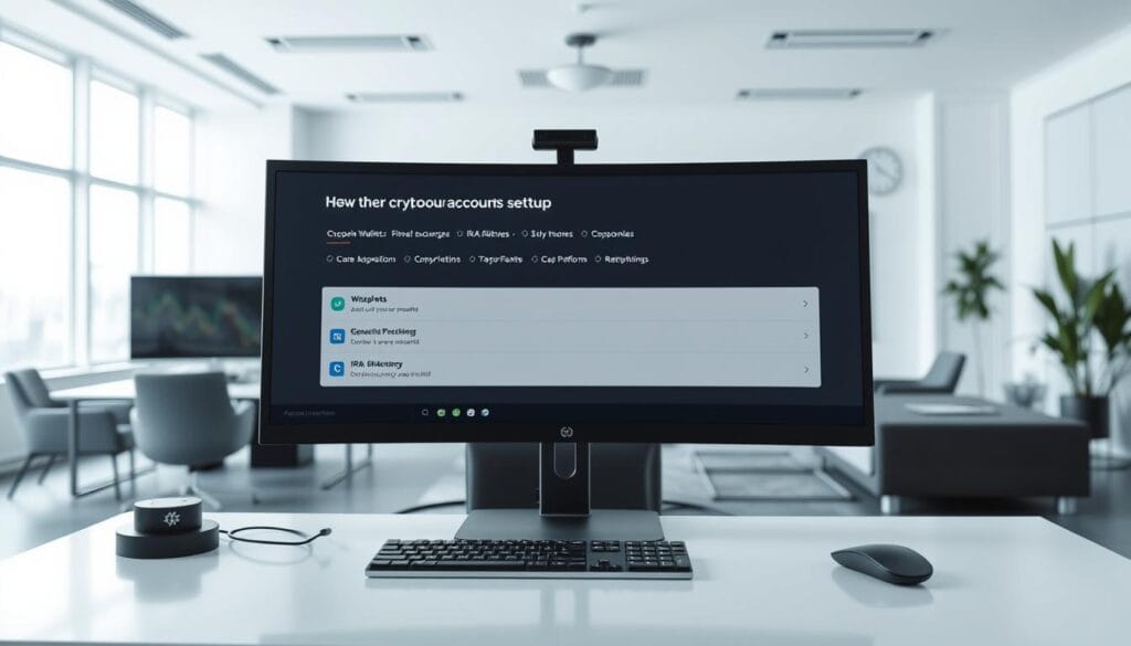 A modern, minimalist office desk with a computer monitor, keyboard, and mouse. In the background, a clean, airy workspace with modern furniture and large windows providing natural lighting. On the screen, a user interface displaying various cryptocurrency account setup options, including wallets, exchanges, and IRA platforms. The overall atmosphere is one of efficiency, professionalism, and a sense of financial empowerment.