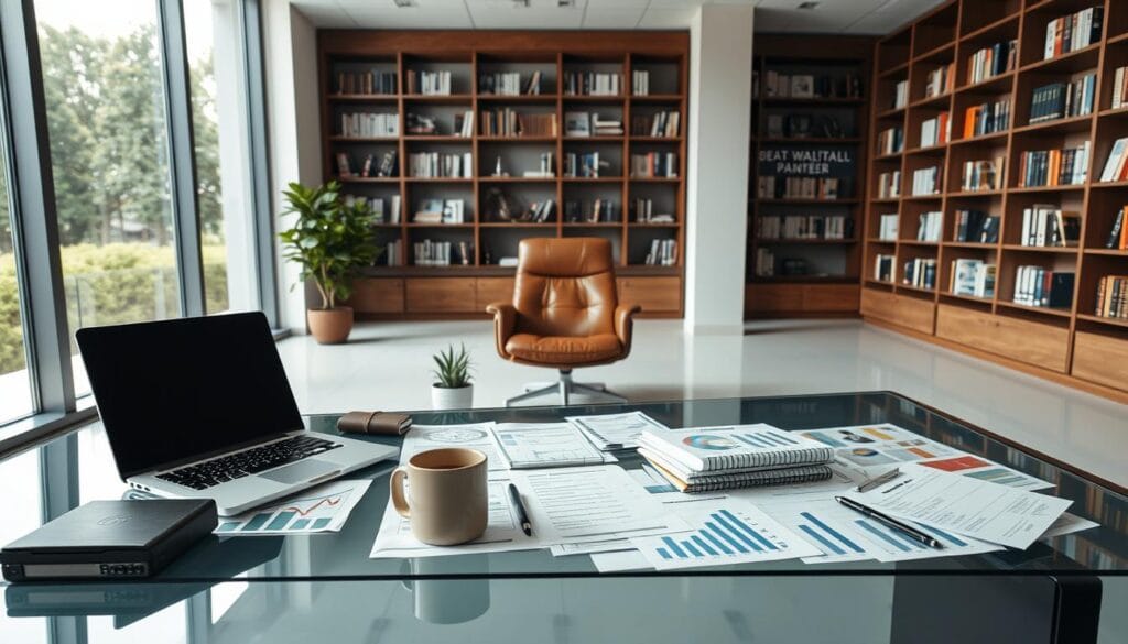 A modern, minimalist office interior with large windows and ample natural lighting. In the foreground, a sleek, glass-topped desk with a laptop, tablet, and coffee mug neatly arranged. On the desk, a well-organized array of financial documents, analytics graphs, and planning tools. In the middle ground, a leather office chair and a small potted plant provide a touch of greenery. The background features elegant bookshelves lining the walls, displaying financial publications and portfolio reference materials. The overall atmosphere conveys a sense of professionalism, efficiency, and attention to detail in wealth management. A modern, minimalist office interior with large windows and ample natural lighting. In the foreground, a sleek, glass-topped desk with a laptop, tablet, and coffee mug neatly arranged. On the desk, a well-organized array of financial documents, analytics graphs, and planning tools. In the middle ground, a leather office chair and a small potted plant provide a touch of greenery. The background features elegant bookshelves lining the walls, displaying financial publications and portfolio reference materials. The overall atmosphere conveys a sense of professionalism, efficiency, and attention to detail in wealth management.