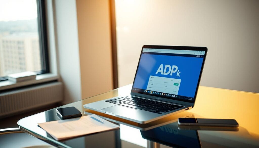A modern, minimalist office scene with a laptop, smartphone, and finance documents on a sleek, glass-topped desk. The laptop displays the ADP logo and 401(k) interface, showcasing the seamless integration between payroll and retirement planning. Soft, warm lighting emanates from a large window, casting a gentle glow across the workspace. The overall atmosphere conveys efficiency, organization, and the empowering tools available to employees managing their 401(k) plans.