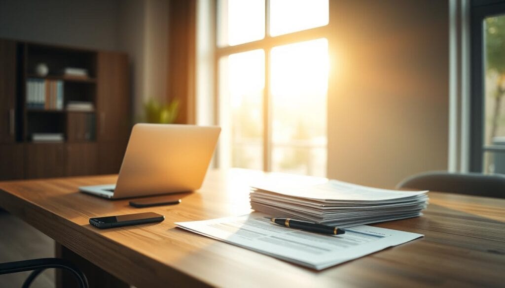 A modern, minimalist office setting with a wooden desk, a laptop, and a smartphone. Soft natural lighting filters in through large windows, casting a warm glow on the workspace. On the desk, a stack of documents and a pen, representing the process of understanding mortgage refinance terms. The atmosphere is calm and focused, conveying a sense of financial analysis and decision-making. The overall composition emphasizes the importance of thoroughly reviewing mortgage refinance details to secure the best possible terms. A modern, minimalist office setting with a wooden desk, a laptop, and a smartphone. Soft natural lighting filters in through large windows, casting a warm glow on the workspace. On the desk, a stack of documents and a pen, representing the process of understanding mortgage refinance terms. The atmosphere is calm and focused, conveying a sense of financial analysis and decision-making. The overall composition emphasizes the importance of thoroughly reviewing mortgage refinance details to secure the best possible terms.