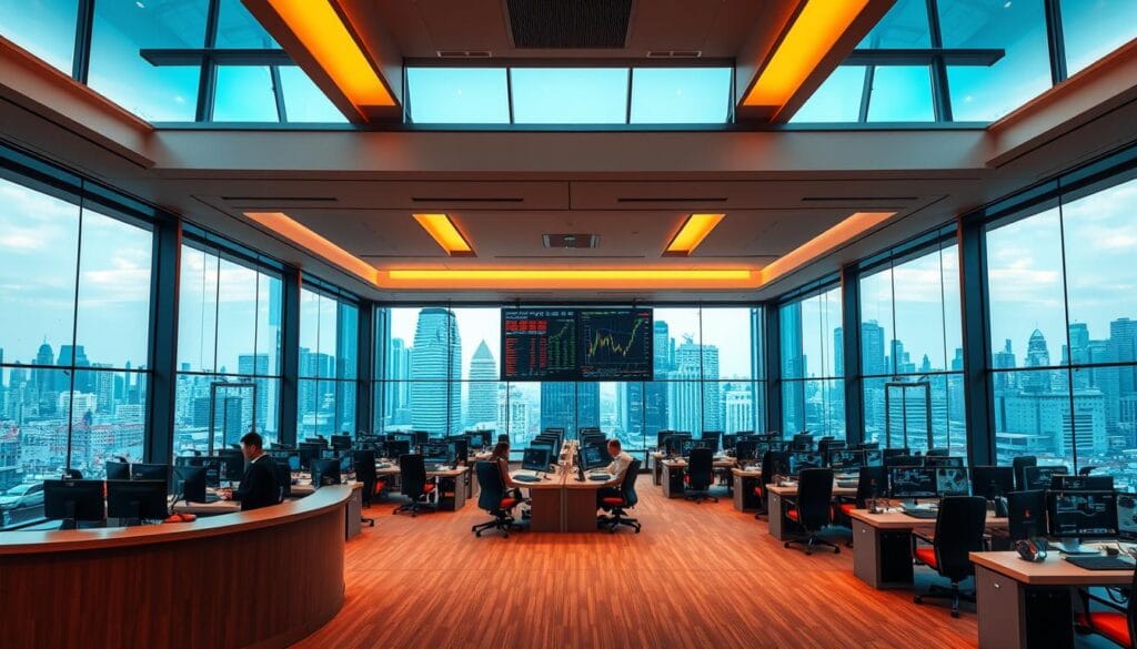 A modern, minimalist public trading platform interior with sleek, steel-framed glass walls and large, panoramic windows overlooking a bustling city skyline. The space is bathed in warm, natural lighting from overhead skylights, creating a bright and airy atmosphere. In the foreground, a curved reception desk is staffed by friendly, professional-looking attendants. Rows of comfortable, ergonomic workstations are arranged throughout the middle ground, each equipped with dual high-resolution monitors and state-of-the-art trading software. In the background, a towering digital display showcases real-time stock market data and analytics. The overall mood is one of efficiency, innovation, and accessibility, reflecting the platform's mission to provide a low-cost, user-friendly trading experience.