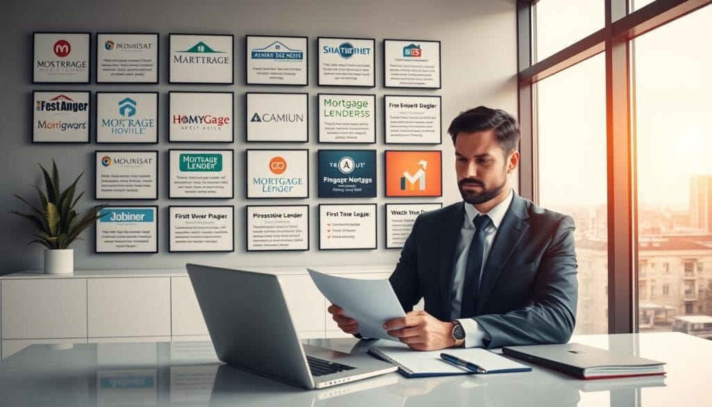 A modern, minimalist-styled office setting with natural lighting filtering through large windows. In the foreground, a business professional, well-dressed and confident, sits at a desk reviewing mortgage documents. Behind them, a gallery wall displays various mortgage lender logos, each with a brief description highlighting their specialties in first-time buyer programs. The middle ground features a clean, organized workspace with a laptop, pen, and notebook, creating an atmosphere of productivity and expertise. The background showcases a cityscape view, hinting at the diverse range of mortgage options available to first-time buyers in the local market. An overall sense of professionalism, reliability, and customer-centric service pervades the scene.