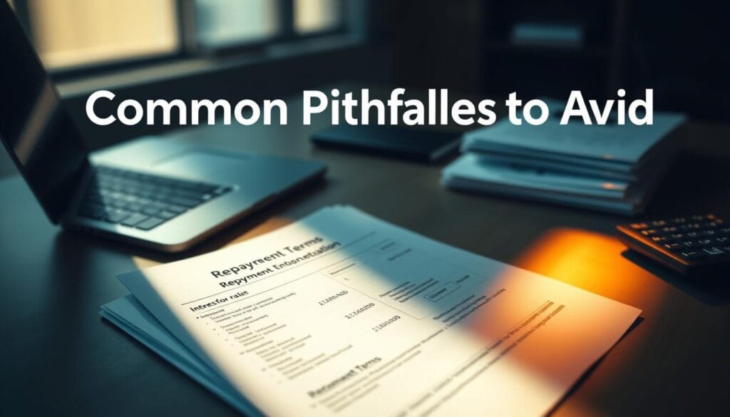 A modern office desk with a laptop, calculator, and stack of documents. The desk is illuminated by warm, directional lighting, casting dramatic shadows. In the foreground, financial paperwork outlines repayment terms, with details like interest rates, payment schedules, and due dates clearly visible. The background blurs into a minimalist, professional setting, emphasizing the focus on the repayment information. The overall mood is one of careful consideration and financial responsibility, reflecting the "Common Pitfalls to Avoid" theme. A modern office desk with a laptop, calculator, and stack of documents. The desk is illuminated by warm, directional lighting, casting dramatic shadows. In the foreground, financial paperwork outlines repayment terms, with details like interest rates, payment schedules, and due dates clearly visible. The background blurs into a minimalist, professional setting, emphasizing the focus on the repayment information. The overall mood is one of careful consideration and financial responsibility, reflecting the "Common Pitfalls to Avoid" theme.