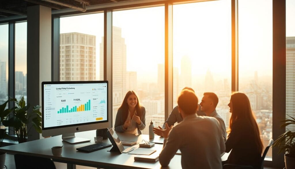 A modern office interior, flooded with warm, natural light streaming through large windows. In the foreground, a startup team gathered around a table, enthusiastically discussing their crowdfunding campaign strategy, their faces lit with excitement. In the middle ground, a sleek, minimalist computer displays visual analytics and funding progress. The background showcases the dynamic cityscape outside, suggesting the vast potential and opportunities that crowdfunding can unlock for young, innovative companies. The overall mood is one of optimism, collaboration, and the palpable energy of a startup on the cusp of success.