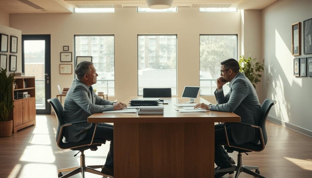 A modern office interior, with a central desk where a prospective borrower sits across from a lender. The lender, dressed in a professional suit, leans forward, engaged in conversation, while the borrower listens intently, papers spread out on the desk before them. Warm, natural lighting filters in through large windows, creating a sense of openness and trust. The walls are adorned with certificates and awards, conveying the lender's expertise and trustworthiness. The overall atmosphere is one of thoughtful consideration, as the two individuals work together to find the right construction loan to fit the borrower's needs and budget. A modern office interior, with a central desk where a prospective borrower sits across from a lender. The lender, dressed in a professional suit, leans forward, engaged in conversation, while the borrower listens intently, papers spread out on the desk before them. Warm, natural lighting filters in through large windows, creating a sense of openness and trust. The walls are adorned with certificates and awards, conveying the lender's expertise and trustworthiness. The overall atmosphere is one of thoughtful consideration, as the two individuals work together to find the right construction loan to fit the borrower's needs and budget.