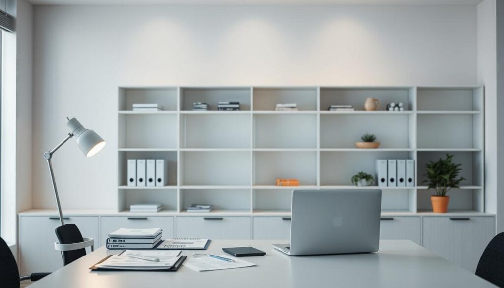 A modern office interior with a desk and computer, representing the claims processing workflow of a peer-to-peer insurance platform. The desk is neatly organized, with a laptop, documents, and a stylish lamp. The background features minimalist shelves stocked with insurance-related materials. Soft, directional lighting creates a professional and efficient atmosphere, highlighting the detailed paperwork and digital interfaces. The overall scene conveys the streamlined and technology-driven nature of the peer-to-peer insurance claims process.