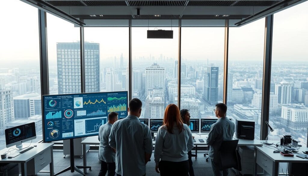 A modern office interior with a focus on data analytics. In the foreground, a team of data scientists huddle around a large touchscreen display, examining complex visualizations and charts. The middle ground features a bank of high-performance workstations, their screens awash in colorful graphs and statistical models. In the background, floor-to-ceiling windows offer a panoramic view of a bustling cityscape, hinting at the global scope of the data being analyzed. Soft, diffused lighting creates a contemplative atmosphere, while clean, minimalist furnishings and sleek, contemporary design convey a sense of cutting-edge technology and innovation.