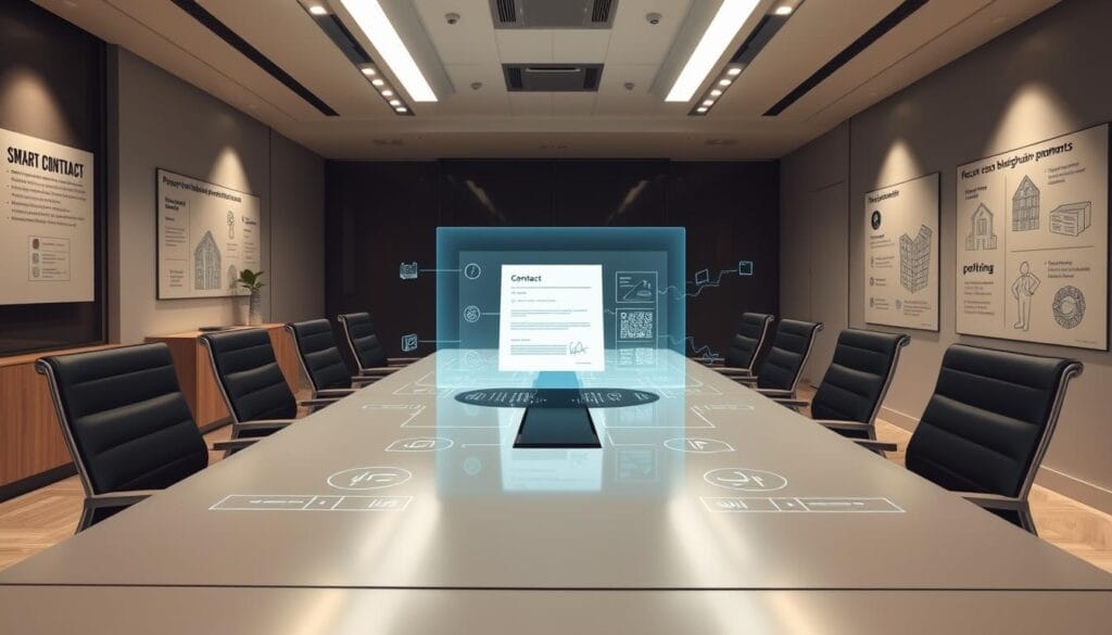 A modern office interior with a large conference table, ergonomic chairs, and sleek decor. On the table, a holographic display shows a real estate transaction using a smart contract, with digital signatures and secure blockchain ledger visuals. The walls feature informative diagrams and illustrations showcasing the key use cases of decentralized technology in property management, including property titles, rental agreements, and automated payments. Soft, directional lighting emphasizes the futuristic, technology-driven atmosphere. The scene conveys a sense of innovation, efficiency, and the seamless integration of smart contracts into the real estate industry. A modern office interior with a large conference table, ergonomic chairs, and sleek decor. On the table, a holographic display shows a real estate transaction using a smart contract, with digital signatures and secure blockchain ledger visuals. The walls feature informative diagrams and illustrations showcasing the key use cases of decentralized technology in property management, including property titles, rental agreements, and automated payments. Soft, directional lighting emphasizes the futuristic, technology-driven atmosphere. The scene conveys a sense of innovation, efficiency, and the seamless integration of smart contracts into the real estate industry.