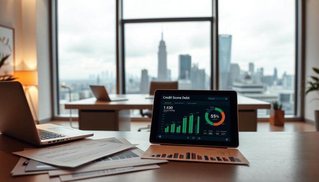 A modern office interior with a large desk, a laptop, and a tablet displaying credit score information. Warm, diffused lighting illuminates the scene, creating a professional and trustworthy atmosphere. In the foreground, financial documents and graphs are neatly arranged, suggesting comprehensive debt consolidation solutions. The middle ground features a sleek, minimalist design with clean lines and muted colors, emphasizing the tech-savvy and streamlined nature of the service. The background showcases a panoramic city view through large windows, conveying a sense of urban sophistication and financial stability. A modern office interior with a large desk, a laptop, and a tablet displaying credit score information. Warm, diffused lighting illuminates the scene, creating a professional and trustworthy atmosphere. In the foreground, financial documents and graphs are neatly arranged, suggesting comprehensive debt consolidation solutions. The middle ground features a sleek, minimalist design with clean lines and muted colors, emphasizing the tech-savvy and streamlined nature of the service. The background showcases a panoramic city view through large windows, conveying a sense of urban sophistication and financial stability.