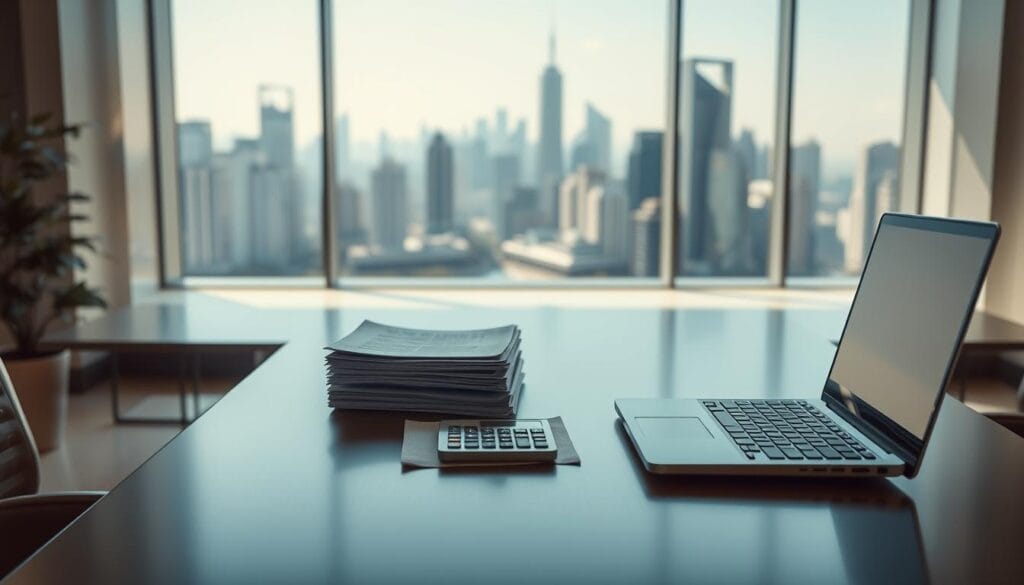 A modern office interior with a large desk and a laptop computer in the foreground. In the middle ground, a stack of documents and a calculator symbolize personal financial planning. The background features a panoramic city skyline with futuristic architecture, suggesting the advancement of personal loan services in the year 2025. The lighting is bright and natural, creating a professional and forward-looking atmosphere. The camera angle is slightly elevated, giving a sense of authority and importance to the scene. A modern office interior with a large desk and a laptop computer in the foreground. In the middle ground, a stack of documents and a calculator symbolize personal financial planning. The background features a panoramic city skyline with futuristic architecture, suggesting the advancement of personal loan services in the year 2025. The lighting is bright and natural, creating a professional and forward-looking atmosphere. The camera angle is slightly elevated, giving a sense of authority and importance to the scene.