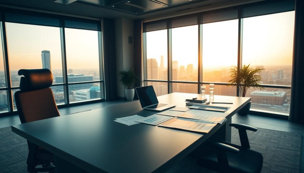 A modern office interior with a large desk and ergonomic chair. On the desk, there is a laptop, a tablet, and various financial planning documents. The background features a floor-to-ceiling window overlooking a cityscape, with warm, natural lighting streaming in. The color palette is muted, with shades of gray, beige, and subtle pops of blue and green. The overall atmosphere is one of focus, productivity, and thoughtful financial analysis. The camera angle is slightly elevated, capturing the desk and cityscape in a balanced, visually appealing composition. A modern office interior with a large desk and ergonomic chair. On the desk, there is a laptop, a tablet, and various financial planning documents. The background features a floor-to-ceiling window overlooking a cityscape, with warm, natural lighting streaming in. The color palette is muted, with shades of gray, beige, and subtle pops of blue and green. The overall atmosphere is one of focus, productivity, and thoughtful financial analysis. The camera angle is slightly elevated, capturing the desk and cityscape in a balanced, visually appealing composition.