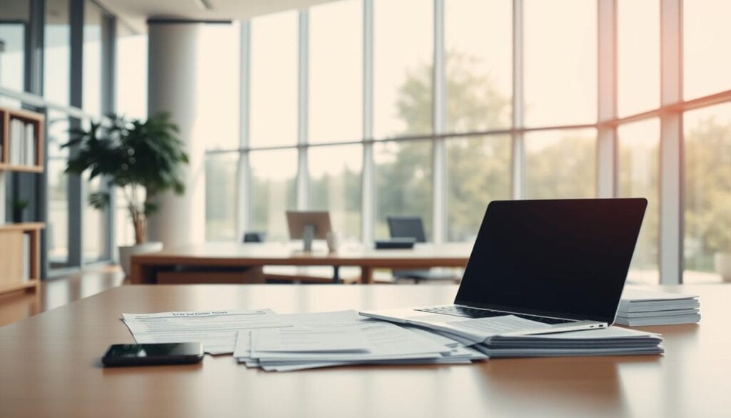 A modern office interior with a large desk in the foreground, featuring a laptop, smartphone, and a stack of documents. The background showcases floor-to-ceiling windows that provide an abundance of natural light, creating a bright and airy atmosphere. On the desk, there are several financial documents, including loan application forms, all neatly organized. The overall scene conveys a sense of efficiency, professionalism, and the ease of obtaining a fast-funding personal loan. A modern office interior with a large desk in the foreground, featuring a laptop, smartphone, and a stack of documents. The background showcases floor-to-ceiling windows that provide an abundance of natural light, creating a bright and airy atmosphere. On the desk, there are several financial documents, including loan application forms, all neatly organized. The overall scene conveys a sense of efficiency, professionalism, and the ease of obtaining a fast-funding personal loan.