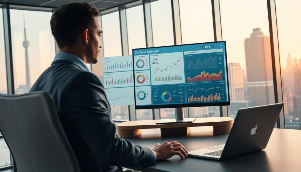 A modern office interior with a large desktop computer displaying a portfolio management dashboard. On the screen, various financial charts, graphs, and data visualizations are prominently displayed. In the foreground, a businessperson in formal attire is intently focused on the screen, hand resting on a computer mouse. The middle ground features a minimalist, clean-lined desk with a sleek, silver laptop and a cup of coffee. The background showcases floor-to-ceiling windows overlooking a vibrant, bustling city skyline bathed in warm, diffused natural lighting. The overall atmosphere conveys a sense of professionalism, productivity, and technological sophistication in the realm of wealth management. A modern office interior with a large desktop computer displaying a portfolio management dashboard. On the screen, various financial charts, graphs, and data visualizations are prominently displayed. In the foreground, a businessperson in formal attire is intently focused on the screen, hand resting on a computer mouse. The middle ground features a minimalist, clean-lined desk with a sleek, silver laptop and a cup of coffee. The background showcases floor-to-ceiling windows overlooking a vibrant, bustling city skyline bathed in warm, diffused natural lighting. The overall atmosphere conveys a sense of professionalism, productivity, and technological sophistication in the realm of wealth management.