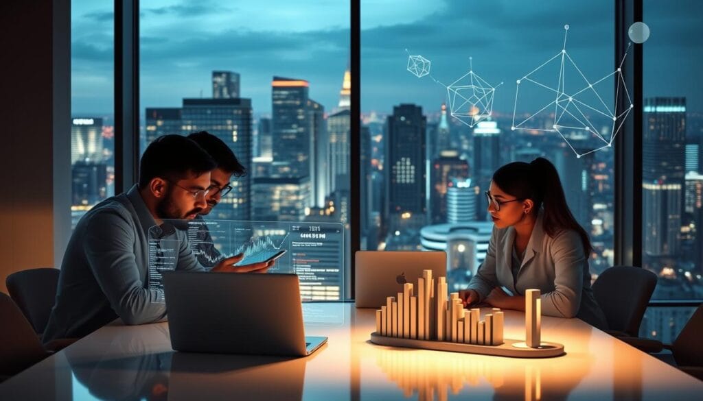 A modern office interior with a large window overlooking a bustling city skyline. In the foreground, a team of financial analysts pore over holographic data displays, their expressions focused as they analyze complex risk models. The middle ground features a sleek, minimalist desk with a futuristic laptop and a 3D printed model of a financial portfolio. Soft, indirect lighting casts a warm glow, creating a sense of contemplation and intellectual rigor. In the background, a series of abstract, geometric shapes float in the air, representing the intricate algorithms and simulations powering the risk management solutions. A modern office interior with a large window overlooking a bustling city skyline. In the foreground, a team of financial analysts pore over holographic data displays, their expressions focused as they analyze complex risk models. The middle ground features a sleek, minimalist desk with a futuristic laptop and a 3D printed model of a financial portfolio. Soft, indirect lighting casts a warm glow, creating a sense of contemplation and intellectual rigor. In the background, a series of abstract, geometric shapes float in the air, representing the intricate algorithms and simulations powering the risk management solutions.