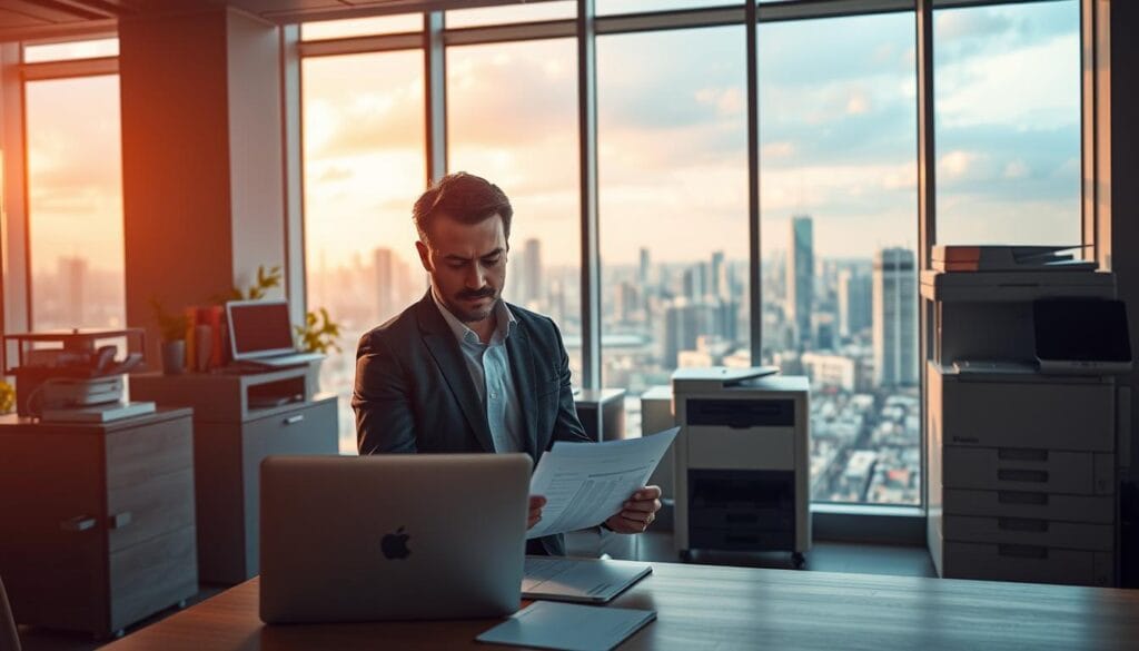 A modern office interior with a large window overlooking a vibrant cityscape. In the foreground, a businessman reviewing financial documents on a sleek silver laptop, conveying the benefits of equipment financing - increased efficiency, expanded capabilities, and improved cash flow. The mid-ground features various office equipment, including a 3D printer, a high-tech copier, and a state-of-the-art workstation, all symbolizing the advantages of investing in advanced tools. The background depicts a bustling urban landscape, hinting at the growth and opportunities that equipment financing can unlock for businesses in 2025. The lighting is warm and natural, creating a professional and productive atmosphere.