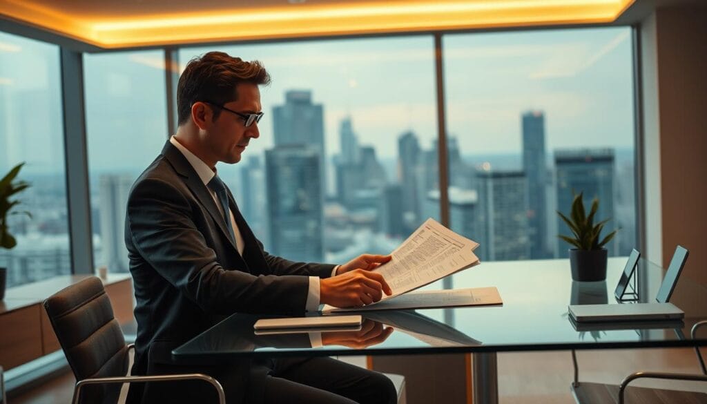A modern office interior with a self-employed professional thoughtfully reviewing retirement planning documents on a sleek glass-topped desk. Warm overhead lighting casts a soft glow, while a floor-to-ceiling window overlooks a bustling city skyline in the background. The professional, dressed in a well-tailored suit, appears focused and engaged, underscoring the importance of prudent financial planning for the self-employed. Subtle details like a potted plant, a minimalist desk organizer, and a tablet or laptop hint at the techno-savvy nature of the scene. The overall mood is one of calm contemplation, hinting at the gravity of the subject matter.