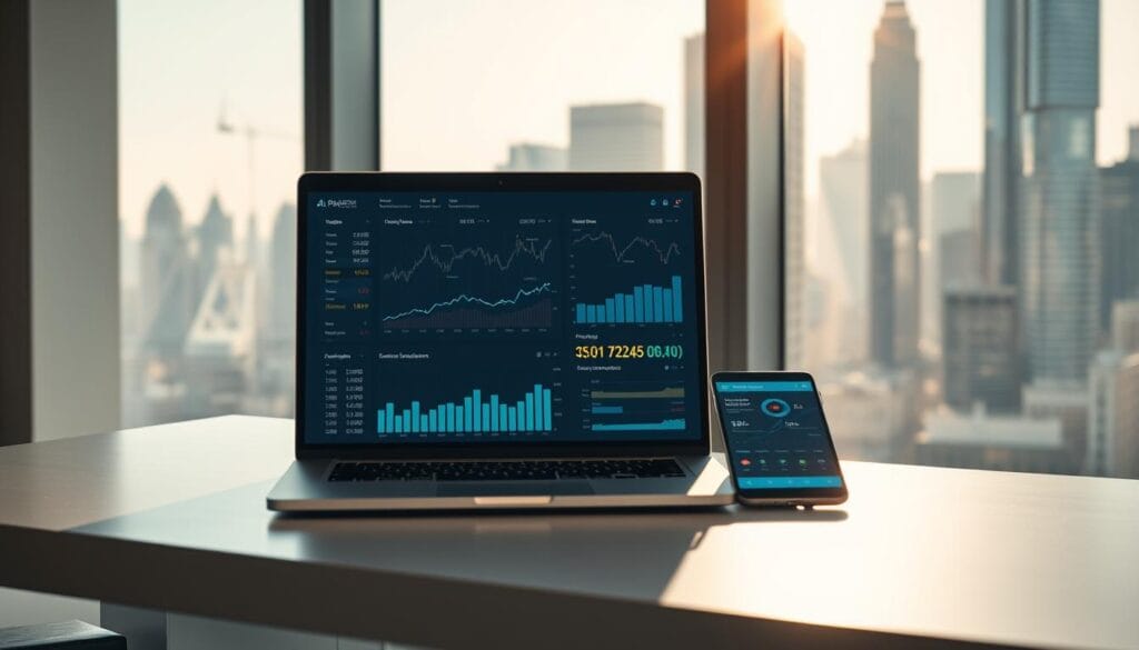 A modern office interior with a sleek, minimalist design. On the desk, a laptop displays a financial dashboard with charts, graphs, and data visualizations. Beside it, a smart device like a tablet or smartphone showcases an AI-powered investment optimization app. The lighting is bright and natural, casting a warm glow through large windows overlooking a bustling city skyline. The atmosphere is one of focused productivity and technological innovation, reflecting the power of AI to revolutionize investment strategies.