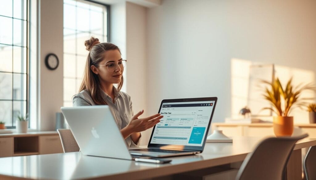 A modern office interior with an employee assisting a customer on a tax software application. The scene is bathed in warm, natural lighting from a large window, casting a soft glow on the faces of the figures. On the desk, a laptop displays the intuitive user interface of the tax software, while the employee gestures with an empathetic, patient expression, guiding the customer through the process. The background showcases minimalist decor and office accoutrements, creating a professional yet approachable environment. Subtle details, such as a wall calendar or a potted plant, lend a sense of authenticity to the scene. The overall atmosphere conveys a feeling of trust, support, and expertise in tax preparation services.