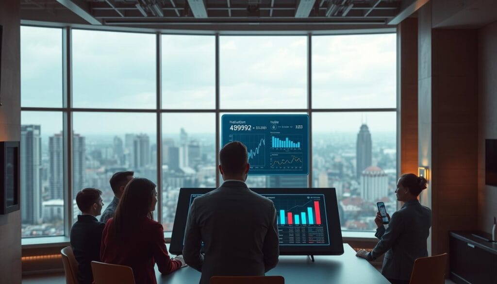 A modern office interior with floor-to-ceiling windows overlooking a bustling cityscape. In the foreground, a team of business professionals gathered around a table, discussing analytics and financial projections displayed on a large, sleek touchscreen display. In the middle ground, a holographic assistant hovers, offering insights and recommendations to the group. The background features a minimalist, tech-forward decor with subtle nods to AI-powered services, such as server racks and diagnostic panels. Warm, diffused lighting creates a focused, collaborative atmosphere. The scene conveys the integration of cutting-edge AI technologies seamlessly enhancing business decision-making and unlocking new opportunities for growth. A modern office interior with floor-to-ceiling windows overlooking a bustling cityscape. In the foreground, a team of business professionals gathered around a table, discussing analytics and financial projections displayed on a large, sleek touchscreen display. In the middle ground, a holographic assistant hovers, offering insights and recommendations to the group. The background features a minimalist, tech-forward decor with subtle nods to AI-powered services, such as server racks and diagnostic panels. Warm, diffused lighting creates a focused, collaborative atmosphere. The scene conveys the integration of cutting-edge AI technologies seamlessly enhancing business decision-making and unlocking new opportunities for growth.