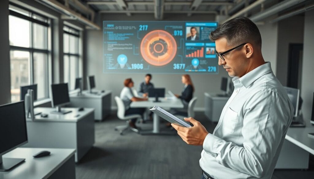 A modern office interior with sleek desks and computer monitors arranged in a streamlined layout. The walls feature a muted color palette, with large windows allowing natural light to flood the space. In the foreground, a business professional is intently reviewing documents on a tablet, representing the automated underwriting process. The middle ground showcases the collaborative workflow, with colleagues engaged in discussion around a central conference table. In the background, a holographic display presents data visualizations and analytical insights, highlighting the technological sophistication of the system. The overall atmosphere exudes efficiency, transparency, and the seamless integration of human expertise and AI-driven decision-making. A modern office interior with sleek desks and computer monitors arranged in a streamlined layout. The walls feature a muted color palette, with large windows allowing natural light to flood the space. In the foreground, a business professional is intently reviewing documents on a tablet, representing the automated underwriting process. The middle ground showcases the collaborative workflow, with colleagues engaged in discussion around a central conference table. In the background, a holographic display presents data visualizations and analytical insights, highlighting the technological sophistication of the system. The overall atmosphere exudes efficiency, transparency, and the seamless integration of human expertise and AI-driven decision-making.