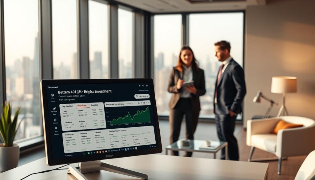 A modern office interior with sleek, minimalist furniture and a large window overlooking a city skyline. In the foreground, a desktop computer displays the Betterment at Work 401(k) investment platform, its intuitive interface showcasing investment options and projected growth. The middle ground features a young professional in business attire, deep in discussion with a financial advisor, conveying the personal guidance and coaching available through the robo-advisor service. The background is softly lit, creating a warm and professional atmosphere conducive to financial planning and wealth-building.