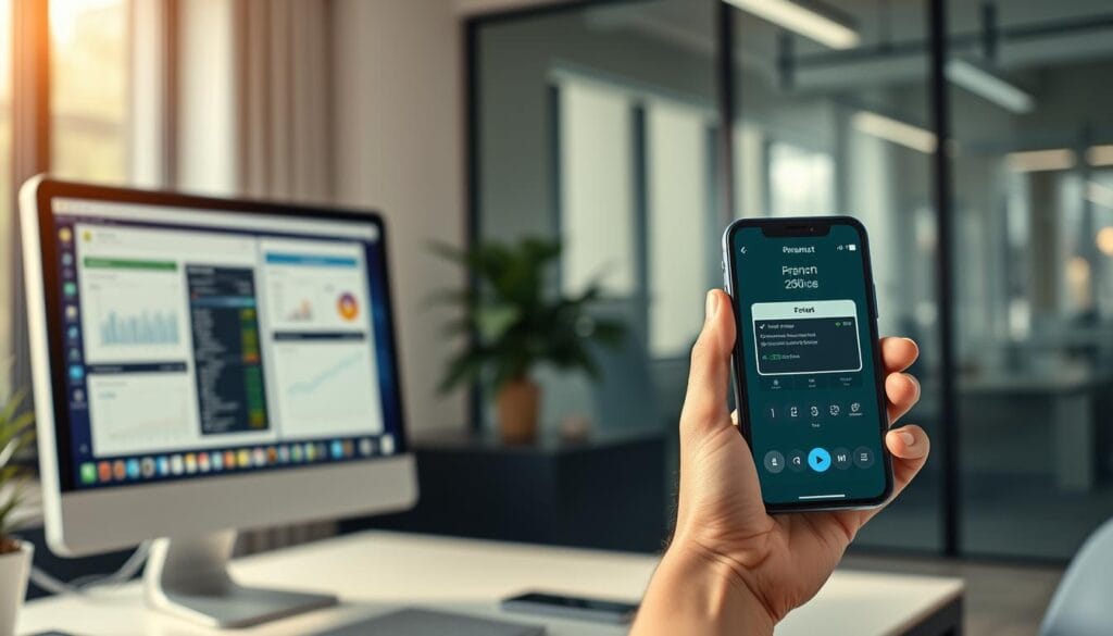 A modern office scene with a well-lit desktop computer setup on the left, showcasing various financial management software windows. On the right, a smartphone is held in a hand, displaying a sleek mobile banking app. The two setups are visually juxtaposed, highlighting the contrast between desktop and mobile finance management. Soft, natural lighting creates a professional, yet approachable atmosphere. The scene has a depth of field, emphasizing the focal points while maintaining a blurred background, creating a sense of focus on the key elements. The overall composition is balanced, drawing the viewer's attention to the central theme of the desktop versus mobile financial management experience. A modern office scene with a well-lit desktop computer setup on the left, showcasing various financial management software windows. On the right, a smartphone is held in a hand, displaying a sleek mobile banking app. The two setups are visually juxtaposed, highlighting the contrast between desktop and mobile finance management. Soft, natural lighting creates a professional, yet approachable atmosphere. The scene has a depth of field, emphasizing the focal points while maintaining a blurred background, creating a sense of focus on the key elements. The overall composition is balanced, drawing the viewer's attention to the central theme of the desktop versus mobile financial management experience.