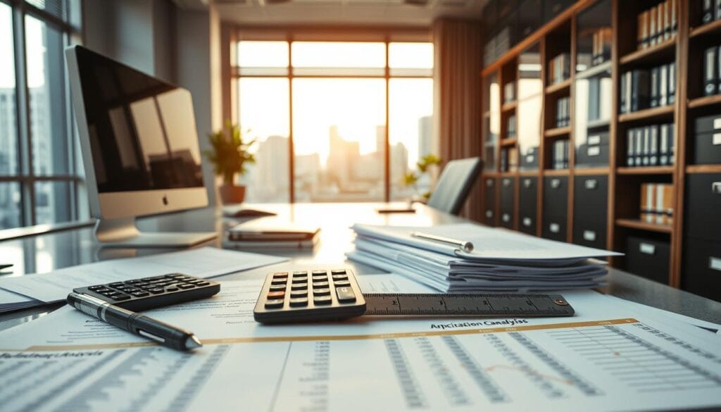 A modern office setting with a desk, computer, and stacks of financial documents. In the foreground, a calculator and a ruler lay atop papers detailing depreciation schedules and cost segregation analysis. The middle ground features a well-lit window overlooking a cityscape, casting a warm glow on the scene. The background is filled with bookshelves and filing cabinets, hinting at the meticulous record-keeping required for real estate tax planning. The overall mood is one of thoughtful, diligent financial planning, complemented by sleek, minimalist design elements.