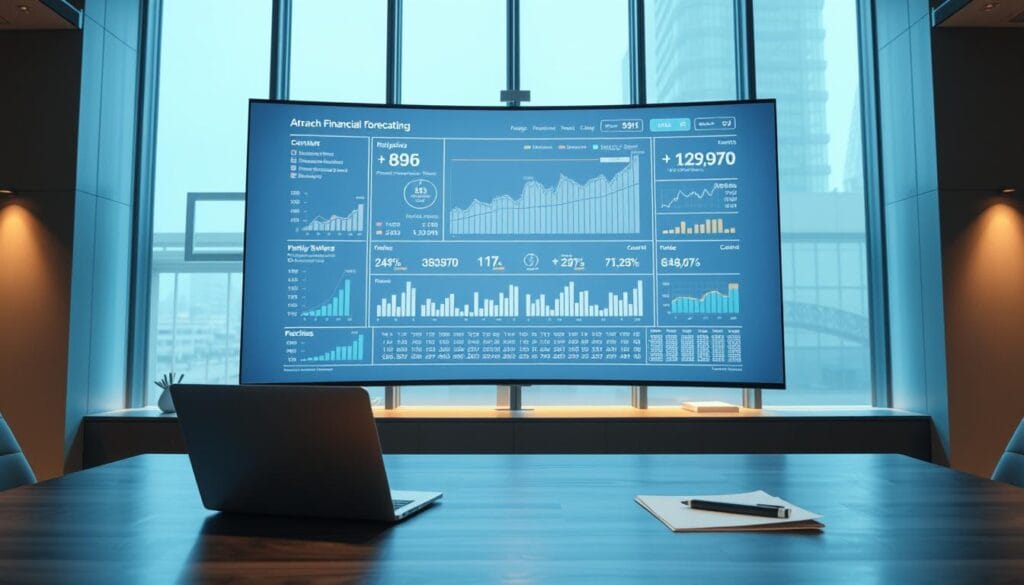 A modern office setting with a large, curved display panel showcasing real-time financial data and predictive analytics in a clean, minimalist design. Diffused, soft lighting emanates from the screen, illuminating the space with a calming, yet focused ambiance. In the foreground, a sleek, brushed metal desk with a laptop, stylus, and a few carefully placed documents create a sense of active engagement. The background features subtle architectural elements, such as floor-to-ceiling windows, allowing natural light to filter in and create a sense of depth and openness. The overall composition conveys a professional, data-driven, and forward-thinking atmosphere, perfectly suited for AI-powered financial forecasting.