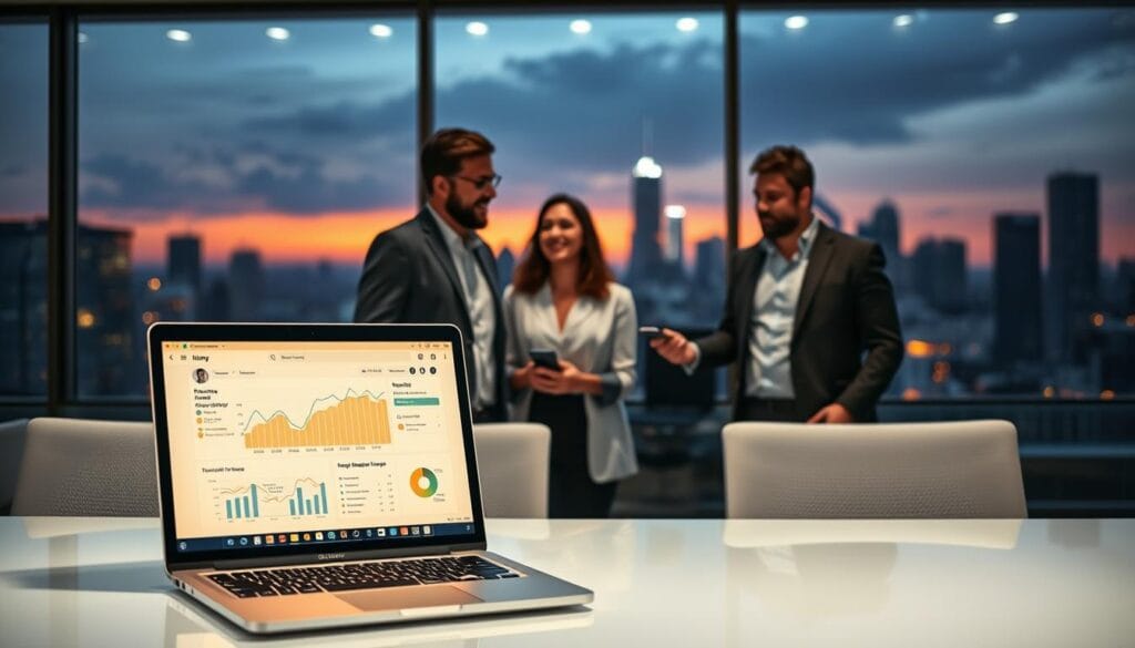 A modern office setting, with a sleek and minimalist design. In the foreground, a laptop displaying a financial dashboard, its screen reflecting a soft, warm lighting. In the middle ground, a group of business professionals engaged in a collaborative discussion, their expressions conveying a sense of excitement and innovation. The background features a panoramic city skyline, conveying a sense of progress and technological advancement. Overall, the image should evoke a feeling of the future of financial services, where embedded finance seamlessly integrates with the digital landscape.