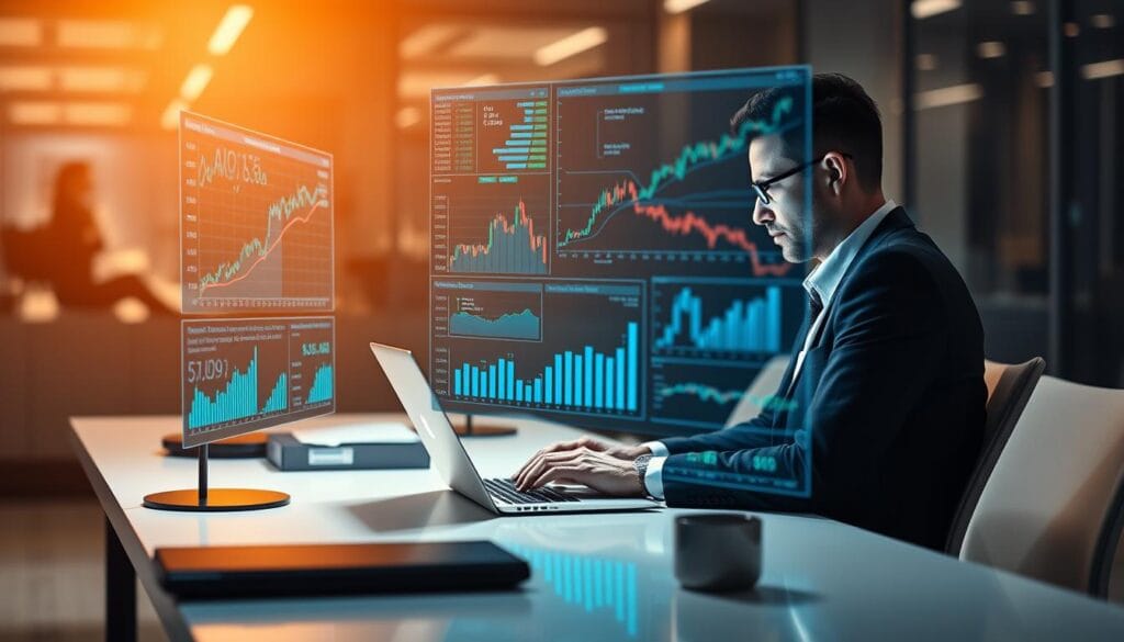 A modern office setting, with an executive working on a laptop, surrounded by holographic displays showcasing data visualizations, stock charts, and AI-powered investment strategies. The lighting is warm and focused, creating a sense of intensity and concentration. The desk is clean and minimalist, with a few strategically placed objects that suggest a sophisticated, data-driven approach to finance. The background is blurred, suggesting the importance of the task at hand. The overall atmosphere conveys a sense of innovation, technological advancement, and the potential for AI to revolutionize the world of investment analysis. A modern office setting, with an executive working on a laptop, surrounded by holographic displays showcasing data visualizations, stock charts, and AI-powered investment strategies. The lighting is warm and focused, creating a sense of intensity and concentration. The desk is clean and minimalist, with a few strategically placed objects that suggest a sophisticated, data-driven approach to finance. The background is blurred, suggesting the importance of the task at hand. The overall atmosphere conveys a sense of innovation, technological advancement, and the potential for AI to revolutionize the world of investment analysis.