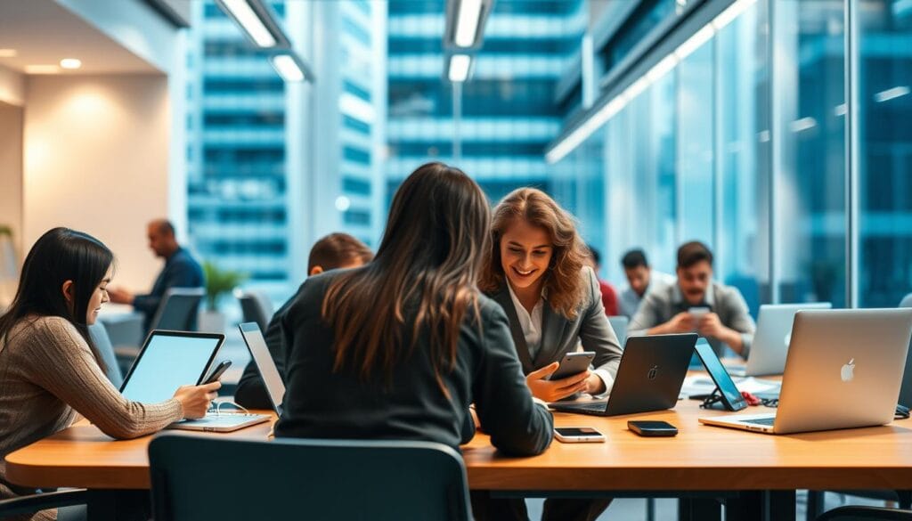 A modern office setting with employees using a variety of personal devices - laptops, tablets, and smartphones - against a backdrop of blurred corporate architecture. Vibrant colors and clean lines convey a sense of efficiency and connectivity. The foreground features co-workers collaborating around a meeting table, while the middle ground showcases the diverse device ecosystem. The background subtly implies the benefits of BYOD - cost savings, increased productivity, and employee satisfaction. Soft, directional lighting from overhead creates a professional, yet approachable ambiance. Captured with a wide-angle lens to emphasize the collaborative, tech-forward atmosphere. A modern office setting with employees using a variety of personal devices - laptops, tablets, and smartphones - against a backdrop of blurred corporate architecture. Vibrant colors and clean lines convey a sense of efficiency and connectivity. The foreground features co-workers collaborating around a meeting table, while the middle ground showcases the diverse device ecosystem. The background subtly implies the benefits of BYOD - cost savings, increased productivity, and employee satisfaction. Soft, directional lighting from overhead creates a professional, yet approachable ambiance. Captured with a wide-angle lens to emphasize the collaborative, tech-forward atmosphere.