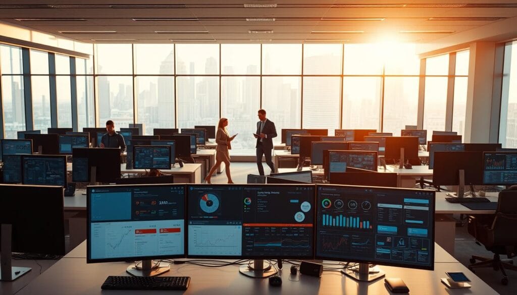 A modern office setting with sleek, minimalist workstations arranged in a grid layout. Warm, natural lighting filters through large windows, casting a soft glow over the workspace. In the foreground, a central display showcases various portfolio management tools and interfaces, their clean visuals and intuitive controls inviting interaction. In the middle ground, professionals in business attire navigate the space, engaged with their digital devices. The background features subtle city skyline views, hinting at the connected, dynamic nature of today's asset allocation strategies. A modern office setting with sleek, minimalist workstations arranged in a grid layout. Warm, natural lighting filters through large windows, casting a soft glow over the workspace. In the foreground, a central display showcases various portfolio management tools and interfaces, their clean visuals and intuitive controls inviting interaction. In the middle ground, professionals in business attire navigate the space, engaged with their digital devices. The background features subtle city skyline views, hinting at the connected, dynamic nature of today's asset allocation strategies.