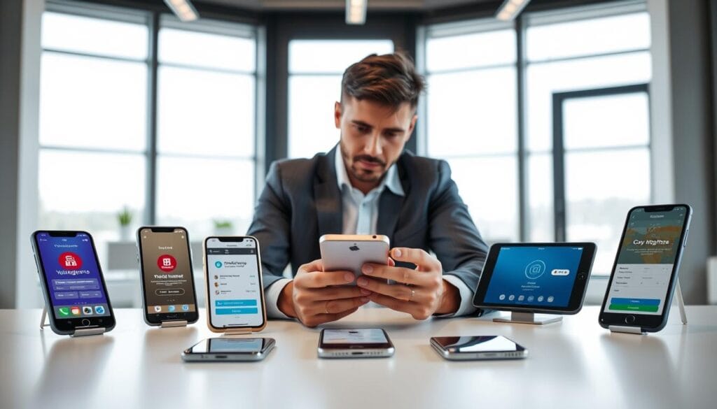 A modern office space with a sleek, minimalist design. In the foreground, a person sits at a desk, carefully comparing several smartphones and tablets, their expression focused and thoughtful. The middle ground features a variety of popular on-demand insurance apps displayed on the devices, each with its own unique interface and branding. The background is a clean, light-filled space with large windows, creating a sense of openness and clarity. The overall mood is one of contemplation and decision-making, with the image conveying the importance of choosing the right on-demand insurance app to meet one's needs.