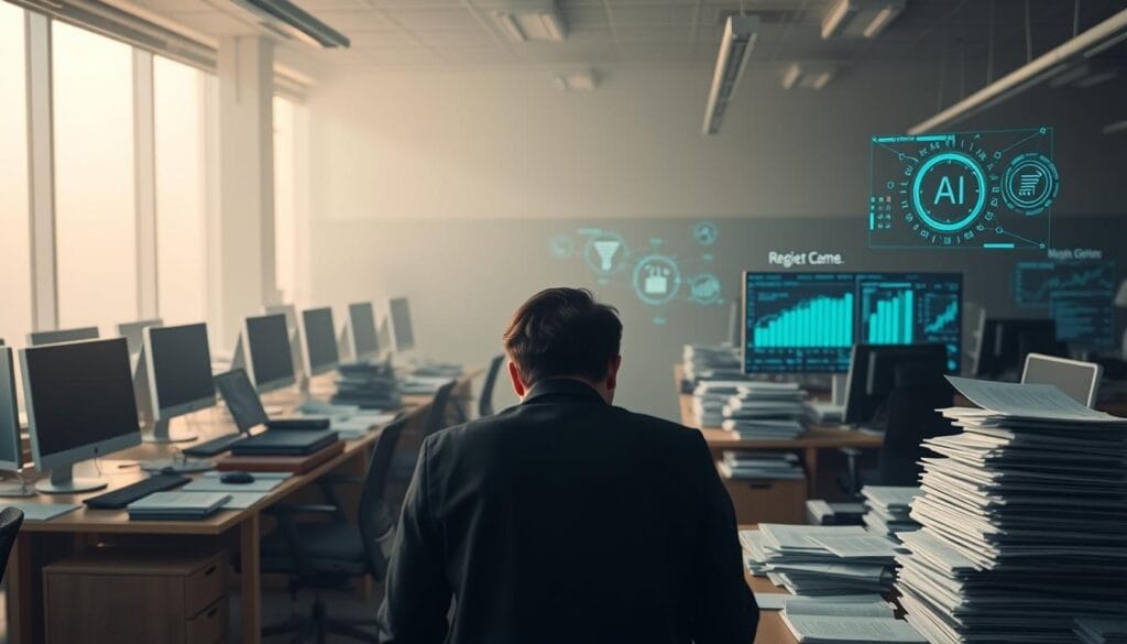 A modern office space with desks, computers, and stacks of documents, representing the challenges of financial compliance. In the foreground, a person looks overwhelmed, surrounded by complex regulations and paperwork. In the middle ground, AI-powered automation tools and software interfaces suggest the potential of regtech solutions. The background is hazy, conveying the uncertainty and complexity of the regulatory landscape. Soft, diffused lighting creates a contemplative mood, inviting the viewer to consider the balance between human expertise and technological innovation in the field of financial compliance.