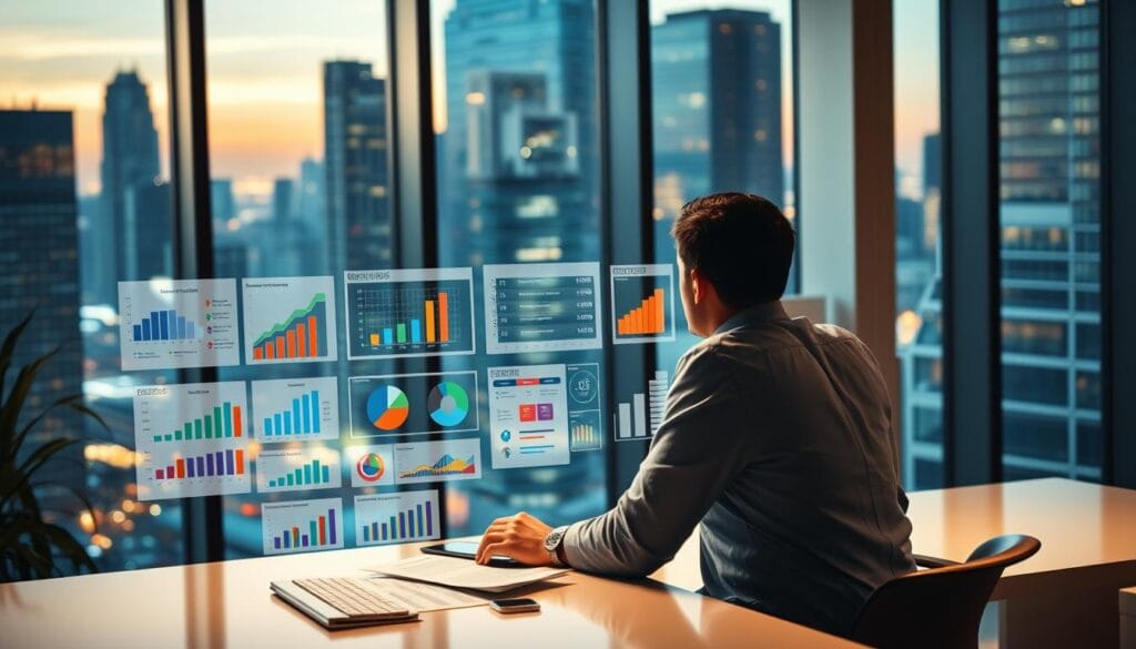 A modern office space with large windows overlooking a bustling city skyline. In the foreground, a businessman sits at a sleek desk, deep in thought as he examines various financial reports and digital devices. The middle ground features an array of visualization tools, including colorful charts, graphs, and infographics, illustrating different monetization strategies for insurance apps. The background is bathed in a warm, ambient lighting, creating a sense of productivity and innovation. The overall scene conveys the idea of a tech-savvy, data-driven approach to optimizing revenue streams for on-demand insurance services.