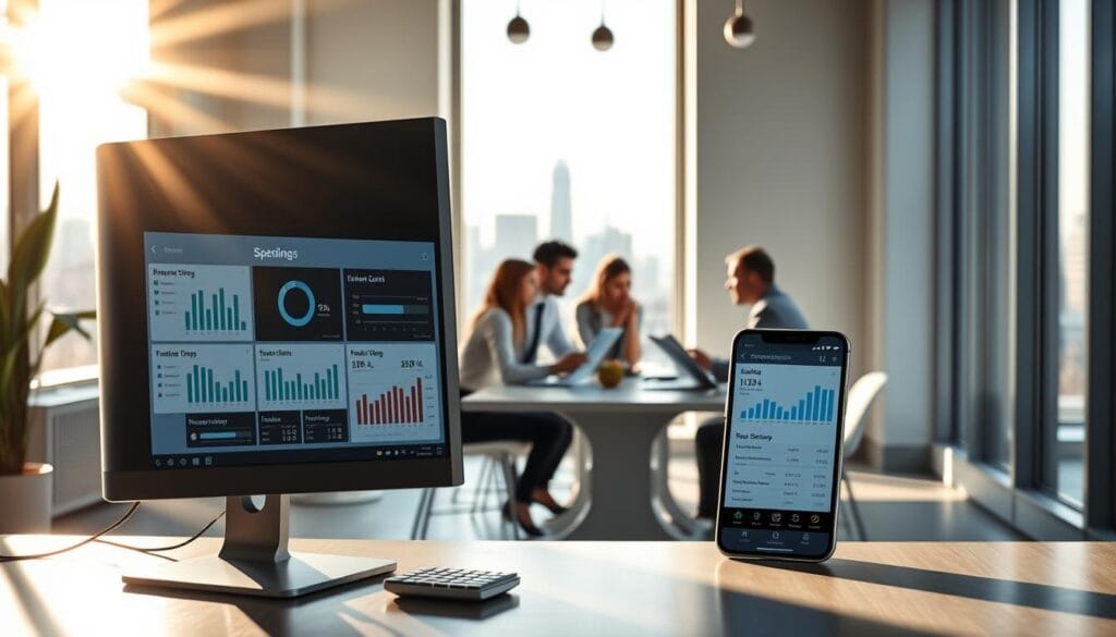 A modern office with minimalist decor, sunlight streaming through large windows. In the foreground, a sleek desktop computer and a smartphone displaying cost-saving software interfaces. In the middle ground, a team of professionals collaborating around a minimalist conference table, reviewing budget reports and discussing ways to optimize software spending. In the background, a cityscape visible through the windows, symbolizing the broader economic context. The overall mood is one of efficiency, productivity, and a focus on streamlining costs without compromising quality. A modern office with minimalist decor, sunlight streaming through large windows. In the foreground, a sleek desktop computer and a smartphone displaying cost-saving software interfaces. In the middle ground, a team of professionals collaborating around a minimalist conference table, reviewing budget reports and discussing ways to optimize software spending. In the background, a cityscape visible through the windows, symbolizing the broader economic context. The overall mood is one of efficiency, productivity, and a focus on streamlining costs without compromising quality.