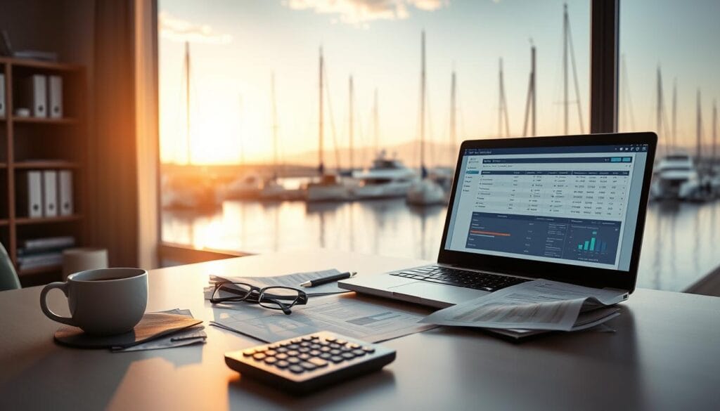 A modern office workspace with a large window overlooking a scenic marina. On the desk, a laptop displays a tax filing software interface alongside various financial documents. A pair of eyeglasses, a calculator, and a cup of coffee set the scene. Soft, warm lighting illuminates the space, creating a professional yet contemplative atmosphere. In the background, the silhouettes of yachts and sailboats can be seen docked in the harbor, hinting at the potential tax deductibility of vessel financing. A modern office workspace with a large window overlooking a scenic marina. On the desk, a laptop displays a tax filing software interface alongside various financial documents. A pair of eyeglasses, a calculator, and a cup of coffee set the scene. Soft, warm lighting illuminates the space, creating a professional yet contemplative atmosphere. In the background, the silhouettes of yachts and sailboats can be seen docked in the harbor, hinting at the potential tax deductibility of vessel financing.