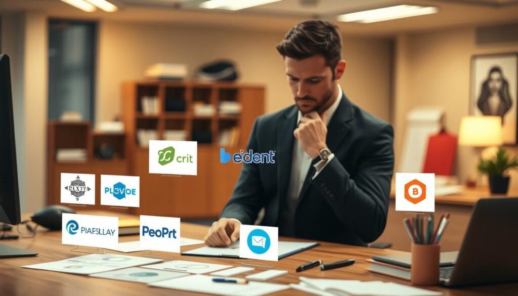 A modern office workspace with a large wooden desk and sleek office supplies. On the desk, various crowdfunding platform logos are displayed, each vying for attention. In the foreground, a person in a suit is carefully examining the options, deep in thought. The lighting is warm and inviting, creating a contemplative atmosphere. The background is blurred, allowing the focus to remain on the decision-making process. Shot from a slightly elevated angle, capturing the deliberation and analysis required to choose the right crowdfunding platform for a startup's funding needs.