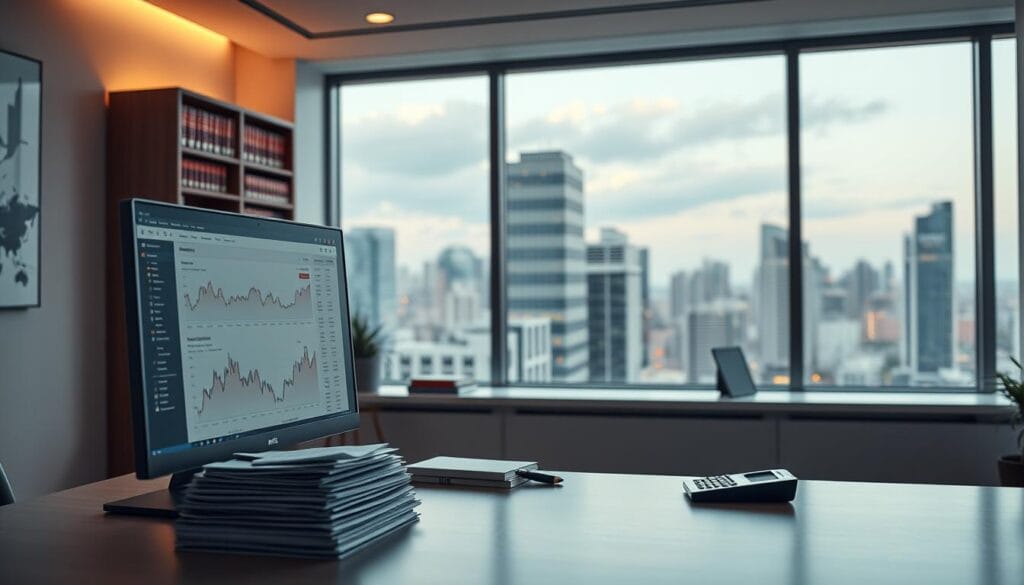A modern office workspace with a sleek, minimalist design. In the foreground, a desktop computer displays a virtual currency exchange dashboard, showcasing fluctuating charts and digital wallet balances. On the desk, a stack of financial documents and a calculator symbolize the tax implications of virtual currency transactions. The middle ground features a bookshelf lined with tax law reference books, hinting at the complex regulatory landscape. The background depicts a large window overlooking a vibrant cityscape, suggesting the global reach and impact of the virtual currency ecosystem. The lighting is soft and warm, creating a contemplative mood, as the user ponders the fiscal responsibilities associated with this emerging financial frontier.