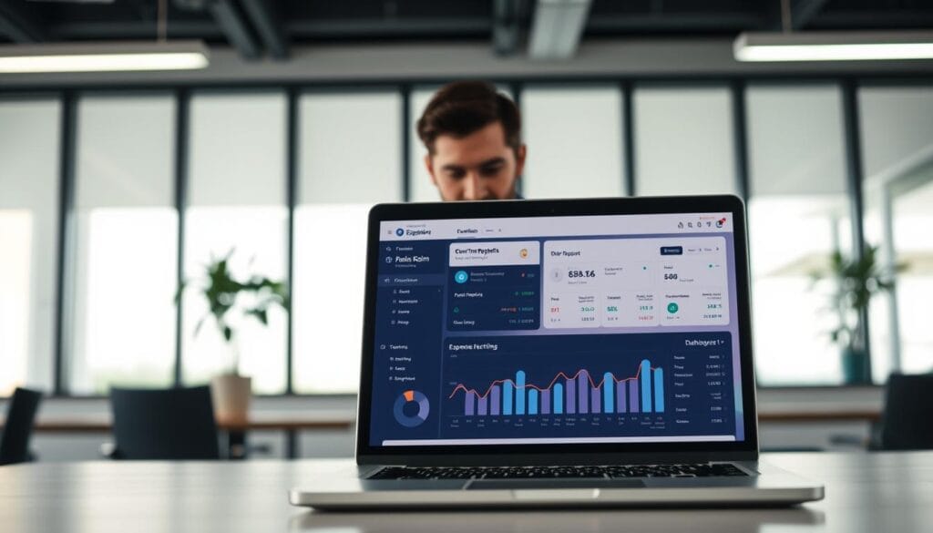 A modern office workspace with a sleek, minimalist design. In the foreground, a laptop screen displays a neatly organized expense report dashboard, showcasing real-time data visualization and intuitive expense tracking tools. The middle ground features a professional-looking business person reviewing the report, their face partially obscured, conveying a sense of efficiency and productivity. The background is filled with clean lines, neutral tones, and subtle lighting, creating a calm and focused atmosphere. The overall scene conveys the benefits of automated expense reporting - streamlined financial management, improved cost visibility, and enhanced decision-making capabilities. A modern office workspace with a sleek, minimalist design. In the foreground, a laptop screen displays a neatly organized expense report dashboard, showcasing real-time data visualization and intuitive expense tracking tools. The middle ground features a professional-looking business person reviewing the report, their face partially obscured, conveying a sense of efficiency and productivity. The background is filled with clean lines, neutral tones, and subtle lighting, creating a calm and focused atmosphere. The overall scene conveys the benefits of automated expense reporting - streamlined financial management, improved cost visibility, and enhanced decision-making capabilities.