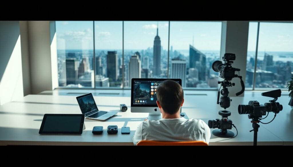 A modern office workspace with a sleek, minimalist design. In the foreground, a person sits at a desk, intently focused on a laptop screen, representing the act of creating digital content. The middle ground features various digital devices - a tablet, a smartphone, and a high-end camera - symbolizing the different tools used for content production. The background showcases a panoramic view of a bustling city skyline, hinting at the global reach and potential audience for the digital content. Natural lighting filters in, creating a warm, inviting atmosphere. The overall scene conveys a sense of productivity, innovation, and the opportunities available in the digital economy.