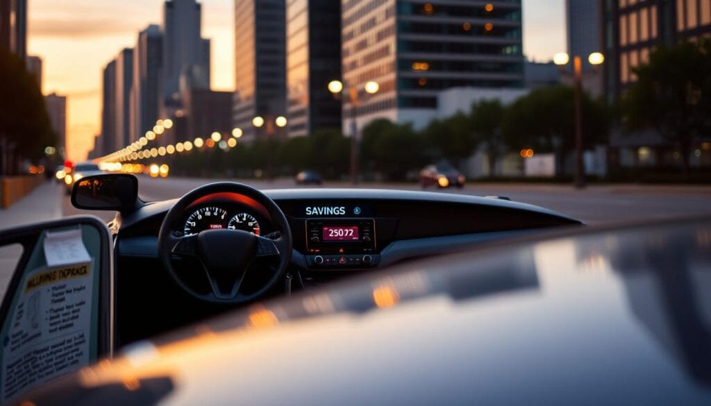 A modern sedan parked on a city street, its dashboard illuminated with a savings meter display showcasing the driver's usage-based insurance discount. The car is bathed in soft, warm lighting, creating a welcoming, urban atmosphere. In the background, a cityscape of high-rise buildings and street lamps, subtly suggesting the convenience and practicality of this technology-driven insurance solution. The composition emphasizes the vehicle's sleek, aerodynamic design, hinting at the efficiency and cost-savings enabled by the telematics system monitoring the driver's behavior. A modern sedan parked on a city street, its dashboard illuminated with a savings meter display showcasing the driver's usage-based insurance discount. The car is bathed in soft, warm lighting, creating a welcoming, urban atmosphere. In the background, a cityscape of high-rise buildings and street lamps, subtly suggesting the convenience and practicality of this technology-driven insurance solution. The composition emphasizes the vehicle's sleek, aerodynamic design, hinting at the efficiency and cost-savings enabled by the telematics system monitoring the driver's behavior.
